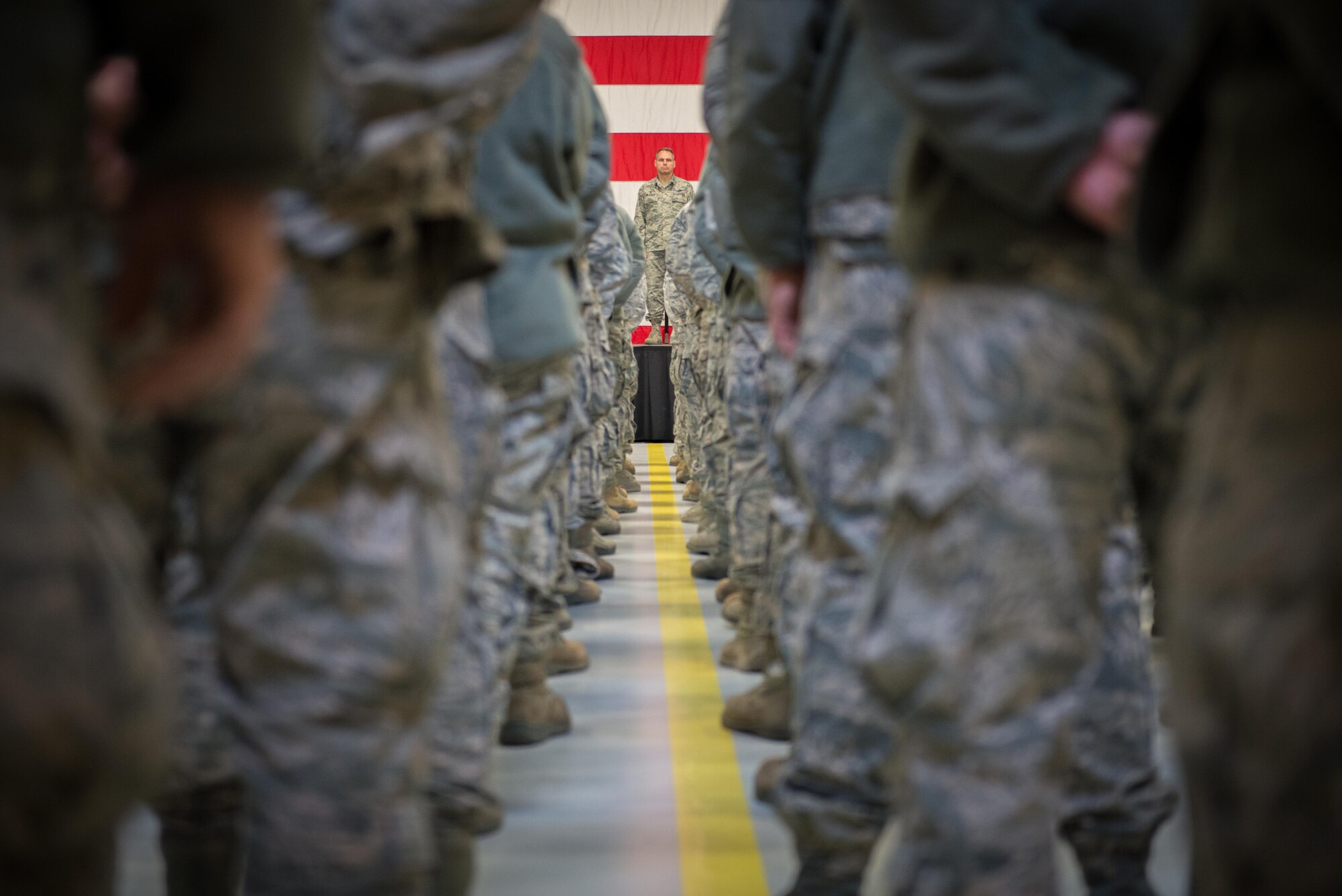 Col. Tony Polashek, 934th Airlift Wing commander, stands in front of the Global Vikings formation at the quarterly commander's call on 11 Feb.
