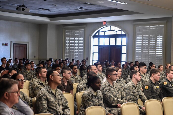 Members of Team Charleston attend a Town Hall Meeting at the Charleston Club, Feb. 3. At the meeting, members of the 628th Force Support Squadron shared additional information on the options available to meal card holders while the dining facility is closed. Members of the Health and Wellness Center and the Airman and Family Readiness Center also shared information on how to eat healthy on a budget and making sound financial decisions.