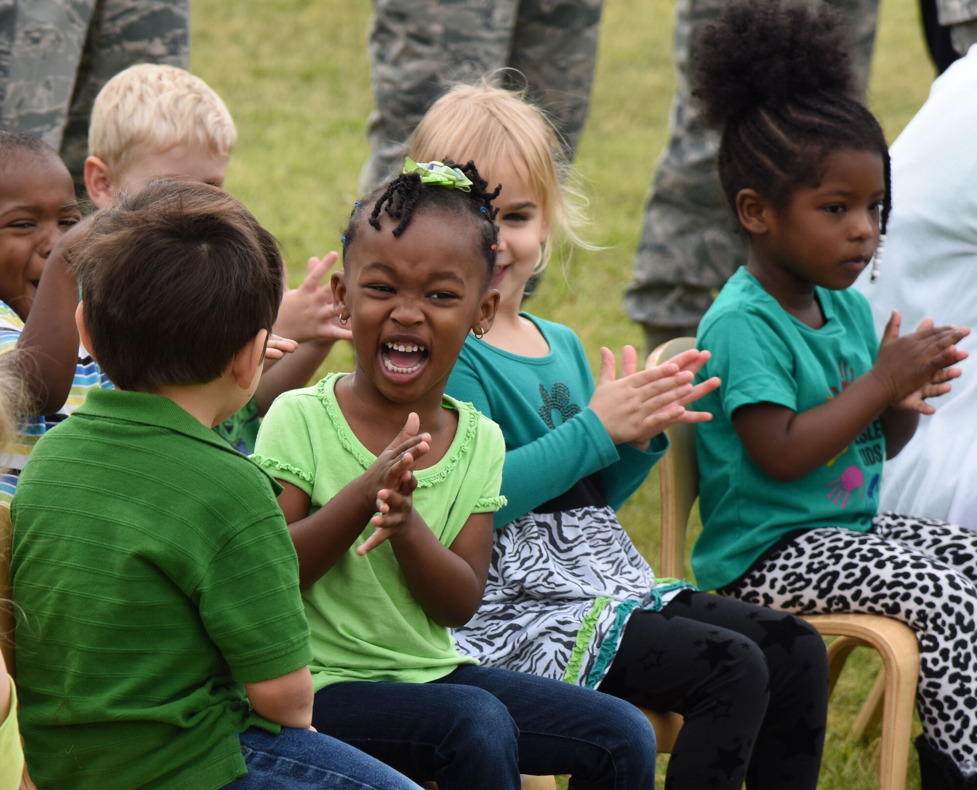 Children from the child development center attend an Arbor Day celebration outside of the CDC Feb. 14, 2017, on Keesler Air Force Base, Miss. Keesler AFB earned the national Tree City USA honor from the Arbor Day Foundation for its 24th consecutive year. The children help wing leadership with the tree planting ceremony. (U.S. Air Force photo by Kemberly Groue)