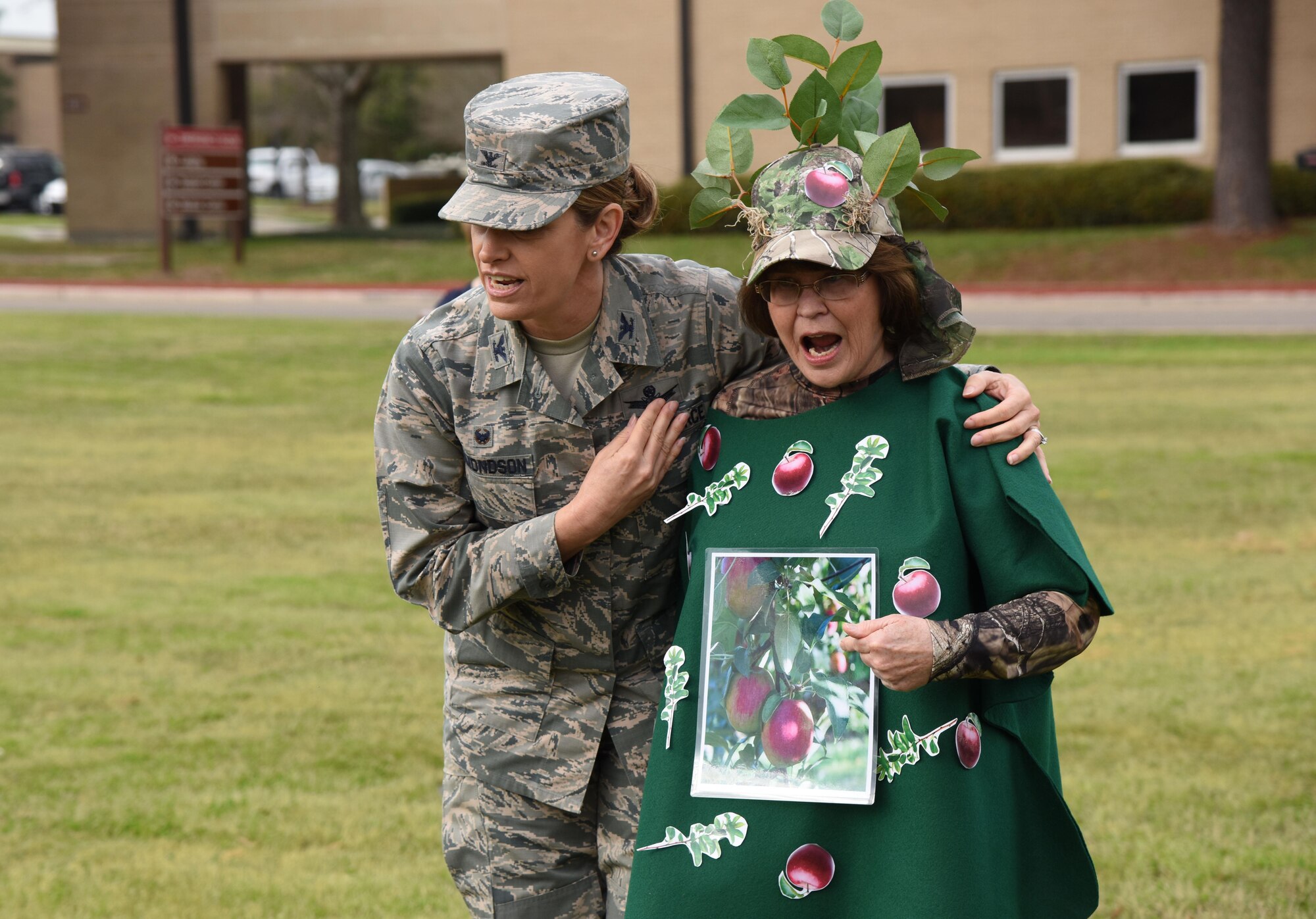Col. Michele Edmondson, 81st Training Wing commander, introduces “Leafy” the apple tree during an Arbor Day celebration outside the child development center Feb. 14, 2017, on Keesler Air Force Base, Miss. Keesler AFB earned the national Tree City USA honor from the Arbor Day Foundation for its 24th consecutive year. (U.S. Air Force photo by Kemberly Groue)