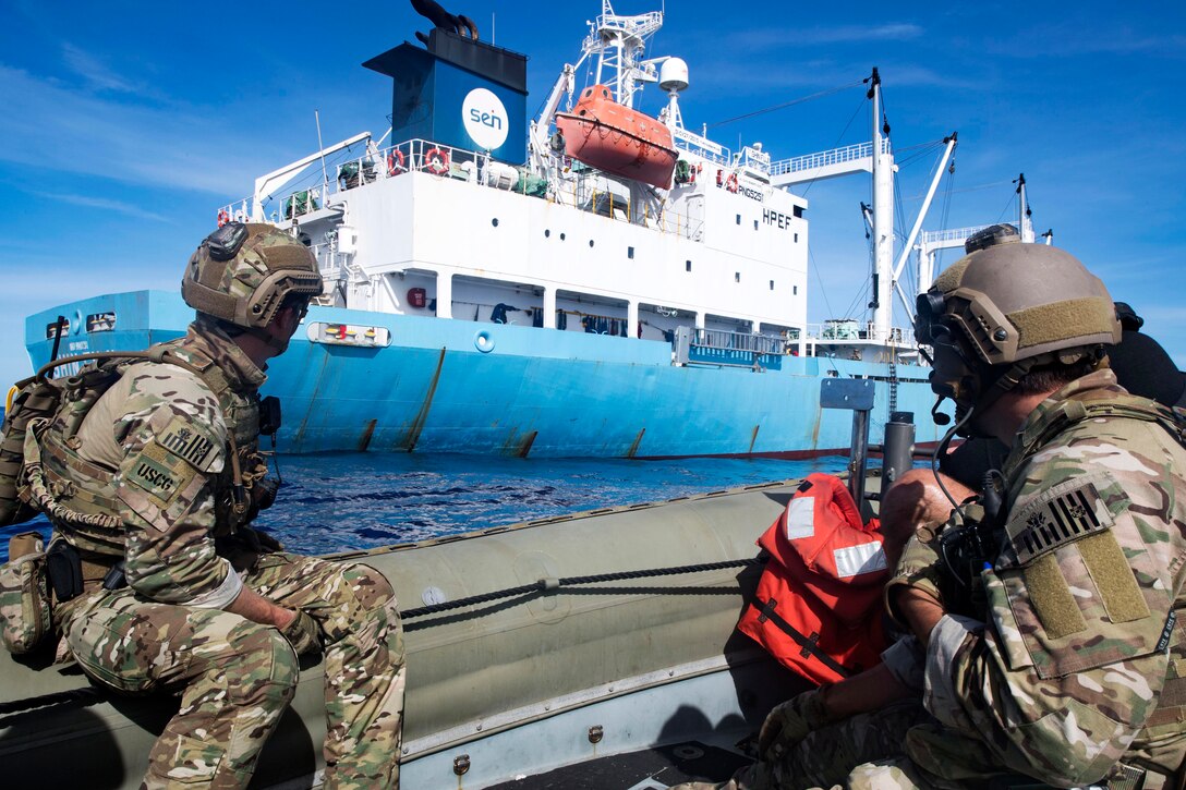 Coast Guard law enforcement agents approach a foreign flagged fishing vessel during an Oceania Maritime Security Initiative boarding mission in the Pacific Ocean, Feb. 7, 2017. Navy photo by Petty Officer 3rd Class Danny Kelley