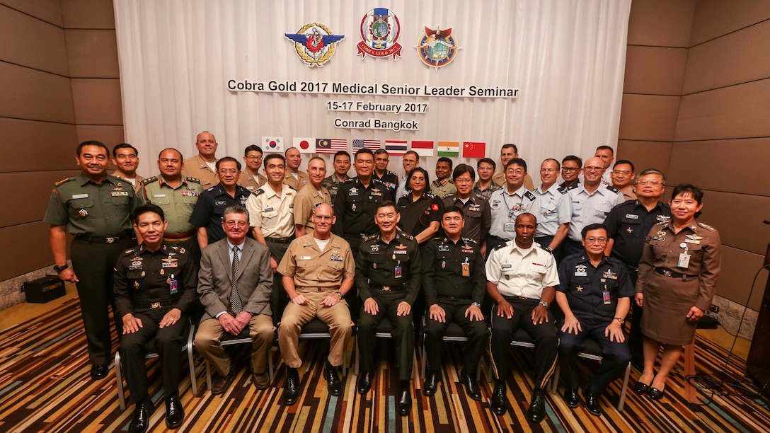 Participants pose for a photograph during the Medical Senior Leader Symposium in Bangkok, Thailand, during exercise Cobra Gold, Feb. 15, 2017. Cobra Gold, in its 36th iteration, includes a specific focus on humanitarian civic action, community engagement, and medical activities conducted during the exercise to support the needs and humanitarian interests of civilian populations around the region. 