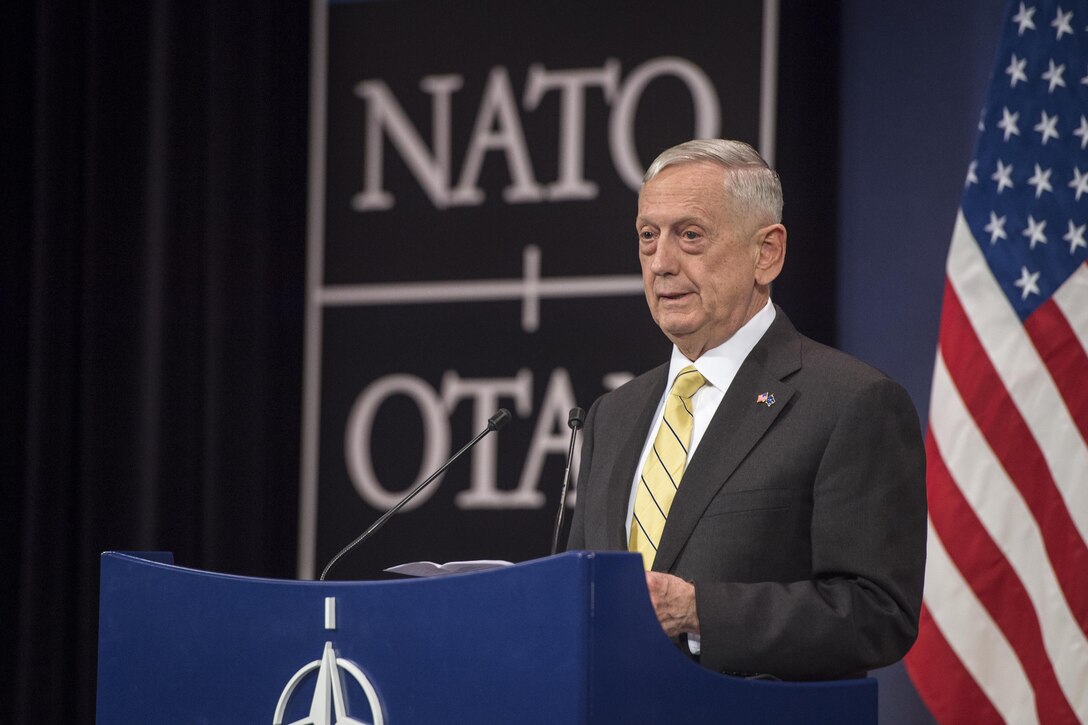 Defense Secretary Jim Mattis hosts a press conference at NATO headquarters in Brussels, Belgium, Feb. 16, 2017. Mattis traveled on to Munich, Germany, where he attended the Munich Security Conference and highlighted the importance of the alliance and the transatlantic bond. DoD photo by Air Force Tech. Sgt. Brigitte N. Brantley