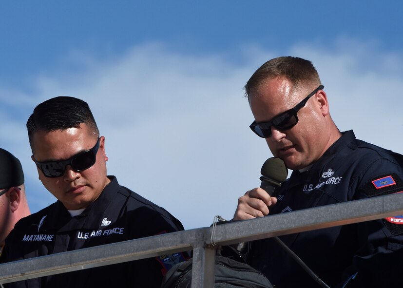 Senior Master Sgt. Sam Smith, 61st Fighter Squadron, F-35 flight heritage superintendent, narrates during the Heritage Flight Training and Certification Course Feb. 11, 2017, at Davis-Monthan Air Force Base, Ariz. Heritage and demonstration teams need to be certified annually to participate in open houses and air shows worldwide. (U.S. Air Force photo by Senior Airman James Hensley)   