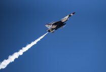 An F-16D Fighting Falcon soars through the sky, Feb. 17, 2017, at Moody Air Force Base, Ga. The U.S. Air Force Thunderbirds are known as the “Ambassadors in Blue,” and will be representing the Air Force during the Thunder Over South Georgia Air Show in October 2017, at Moody AFB. (U.S. Air Force photo by Airman 1st Class Lauren M. Sprunk)