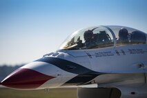 U.S. Air Force Capt. Erik Gonsalves, U.S. Air Force Thunderbird number eight narrator pilot, and Tech. Sgt. Mike Radcliff, USAF Thunderbird number eight advance crew chief, taxi to a parking spot, Feb. 17, 2017, at Moody Air Force Base, Ga. The USAF Thunderbirds are known as the “Ambassadors in Blue,” and will be representing the Air Force during the Thunder Over South Georgia Air Show in October 2017, at Moody AFB. (U.S. Air Force photo by Airman 1st Class Lauren M. Sprunk)