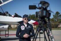 U.S. Air Force Capt. Erik Gonsalves, U.S. Air Force Thunderbird number eight narrator pilot, answers questions during an interview, Feb. 17, 2017, at Moody Air Force Base, Ga. The USAF Thunderbirds are known as the “Ambassadors in Blue,” and will be representing the Air Force during the Thunder Over South Georgia Air Show in October 2017, at Moody AFB. (U.S. Air Force photo by Airman 1st Class Lauren M. Sprunk)