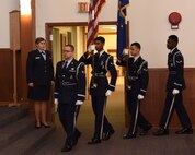 The Malmstrom Air Force Base Honor Guard posts the colors at the Four Chaplains Memorial Service held at the base chapel Feb. 17, 2017 at Malmstrom Air Force Base, Mont.  The ceremony was held in remembrance of four chaplains who served on an Army transport ship, the Dorchester, in World War II.  