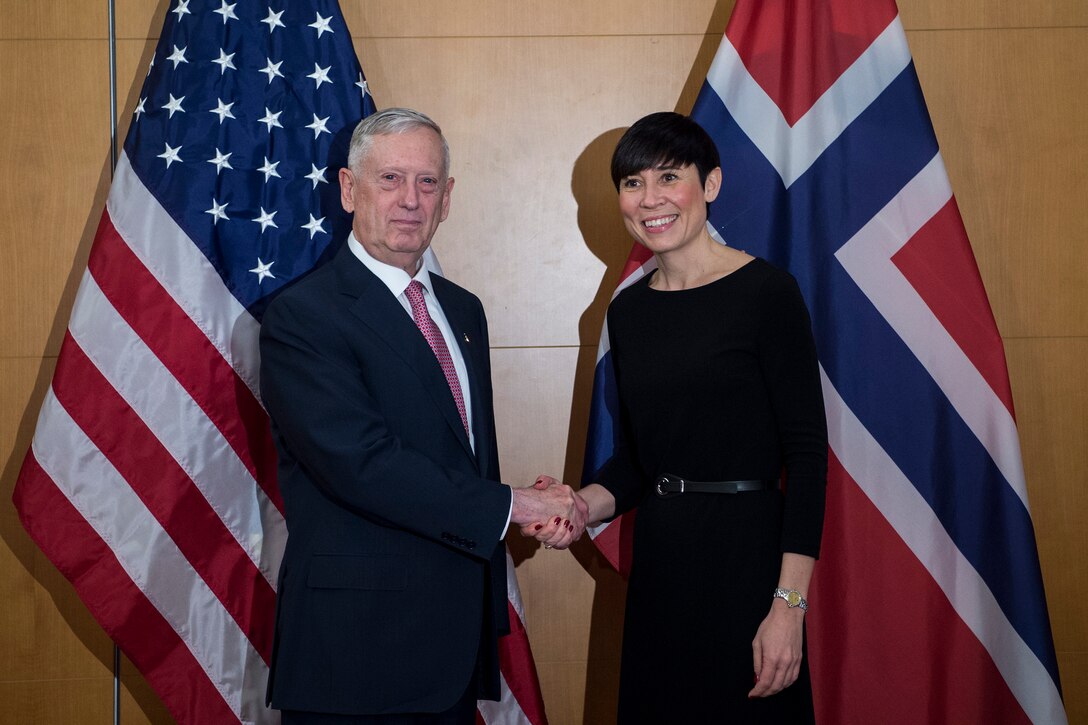 Defense Secretary Jim Mattis meets with Norwegian Defense Minister Ine Eriksen Søreide before attending the Munich Security Conference in Germany, Feb. 17, 2017. DoD photo by Air Force Tech. Sgt. Brigitte N. Brantley