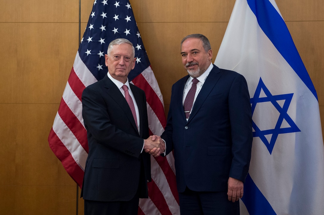 Defense Secretary Jim Mattis, left, meets with Israeli Defense Minister Avigdor Lieberman before attending the Munich Security Conference in Germany, Feb. 17, 2017. DoD photo by Air Force Tech. Sgt. Brigitte N. Brantley