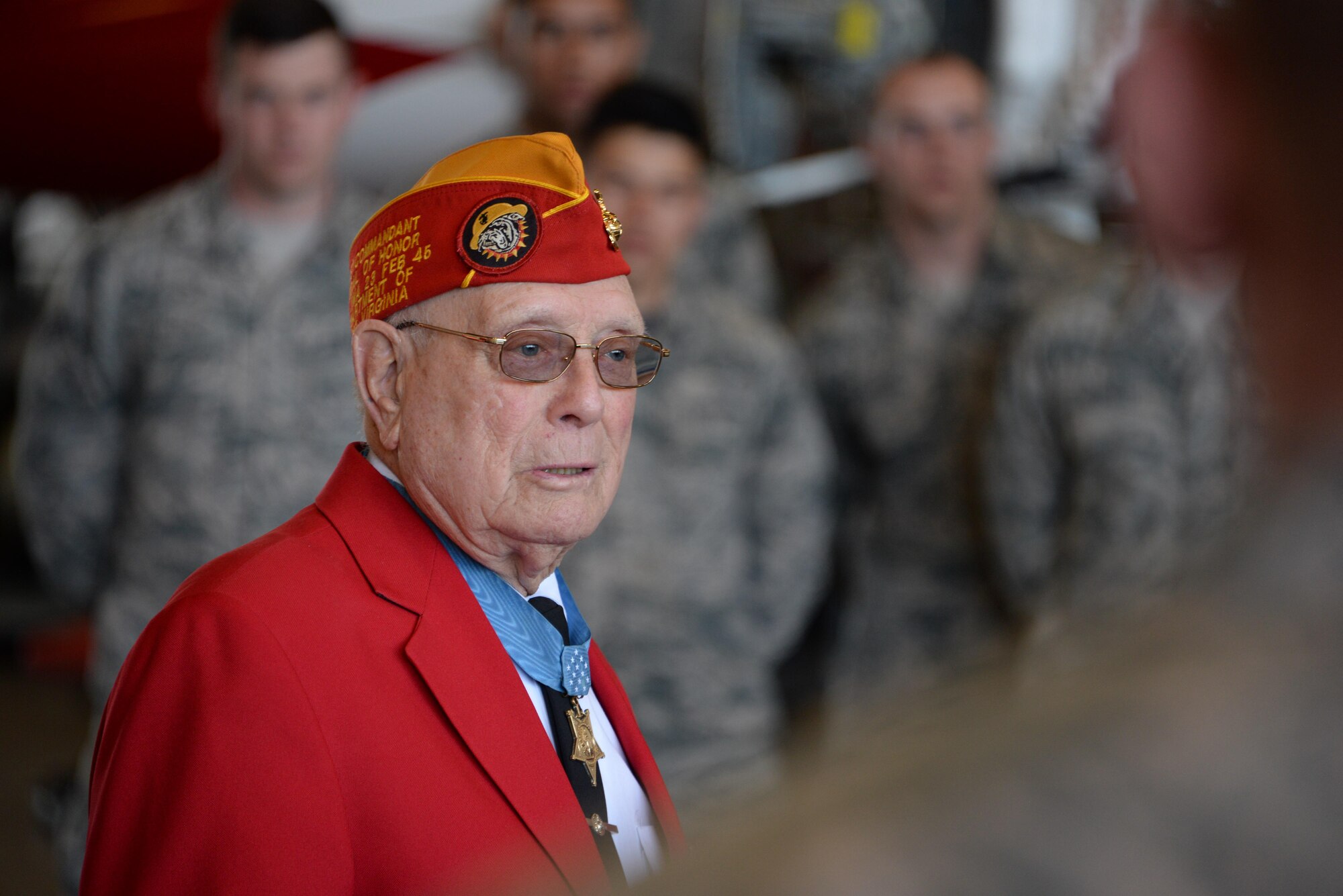 Hershel “Woody” Williams, Medal of Honor recipient, speaks to Airmen at Sheppard Air Force Base, Texas, Feb. 17, 2017. Williams took a detour from the Iwo Jima Reunion to visit with Airmen and speak about the courage and sacrifice displayed by men and women in uniform. Williams was a corporal in the Marine Corps Feb. 21, 1945, when he used a flame thrower to clear Japanese fighting positions while U.S. forces were taking the island of Iwo Jima. (U.S. Air Force photo by Senior Airman Robert L. McIlrath/Released)