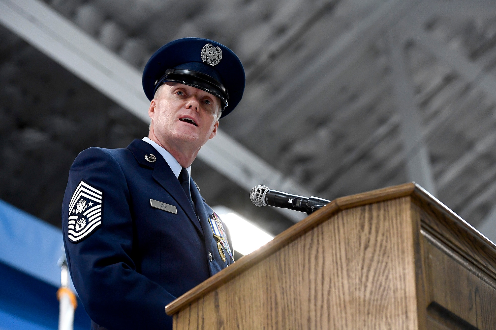 Chief Master Sgt. of the Air Force James A. Cody speaks to attendees during his retirement ceremony on Joint Base Andrews, Md., Feb. 17, 2017. Cody retires after 32 years of service and is succeeded by Chief Master Sgt. of the Air Force Kaleth O. Wright, the 18th Airman to hold this position. (U.S. Air Force photo/Scott M. Ash)