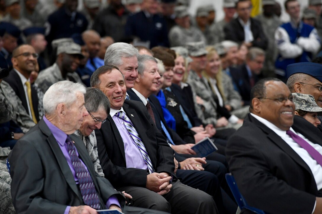 Some of the former Chief Master Sergeants of the Air Force attend a retirement and appointment ceremony in honor of Chief Master Sgt. of the Air Force James A. Cody and Chief Master Sgt. Kaleth O. Wright on Joint Base Andrews, Md., Feb. 17, 2017. Cody retires after 32 years of service and is succeeded by Wright, the 18th Airman to hold this position. (U.S. Air Force photo/Scott M. Ash)