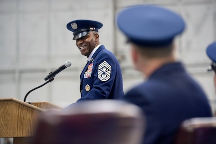Chief Master Sgt. of the Air Force Kaleth O. Wright thanks Chief Master Sgt. of the Air Force James A. Cody during their retirement and appointment ceremony on Joint Base Andrews, Md., Feb. 17, 2017. Wright succeeds Chief Master Sgt. of the Air Force James A. Cody, who retires after 32 years of service, and he is the 18th Airman to hold this position. (U.S. Air Force photo/Andy Morataya)