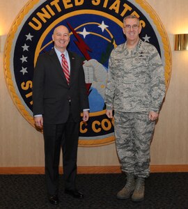 U.S. Air Force Gen. John E. Hyten (right), commander of U.S. Strategic Command (USSTRATCOM), welcomes Nebraska Gov. Pete Ricketts to USSTRATCOM headquarters, Offutt Air Force Base, Neb., Feb. 17, 2017.  Ricketts and Hyten discussed USSTRATCOM’s missions, roles and responsibilities, and explored potential partnering opportunities from which Nebraska and USSTRATCOM could benefit. One of nine DoD unified combatant commands, USSTRATCOM has global strategic missions assigned through the Unified Command Plan that include strategic deterrence; space operations; cyberspace operations; joint electronic warfare; global strike; missile defense; intelligence, surveillance and reconnaissance; and analysis and targeting.