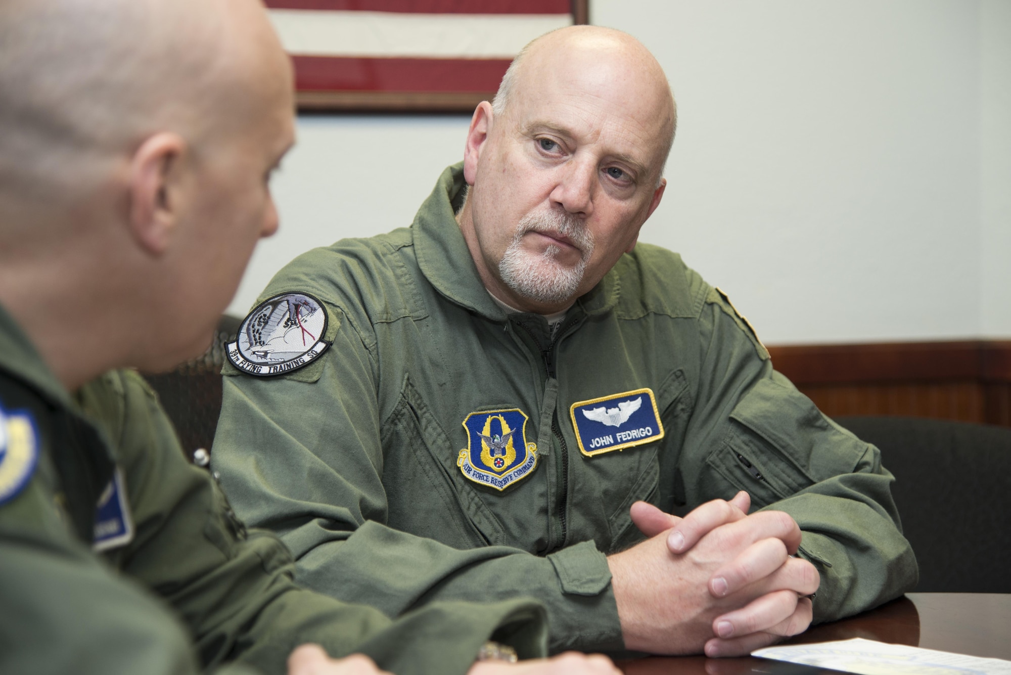 John Fedrico, deputy assistant Secretary of the Air Force for  Reserve Affairs and Airman Readiness  receives a pre-flight briefing from Lt. Col. Andrew Kissinger (39 FTS) in preparation for a T-6 orientation flight here Feb. 13. Fedrico’s visit, hosted by the 340 FTG, served a dual purpose. Fedrico presented a letter of thanks to one of the unit’s own, retired Air Force Lt. Col. Todd Ernst. Ernst was honored for his efforts to help ensure families of Reserve and Guard service members receive the same survivor benefits as active duty service members. Fedrico also received a mission brief and got to experience the unit’s operations first hand. (Air Force photo by Sean Worrell, Joint Base San Antonio-Randolph Public Affairs)