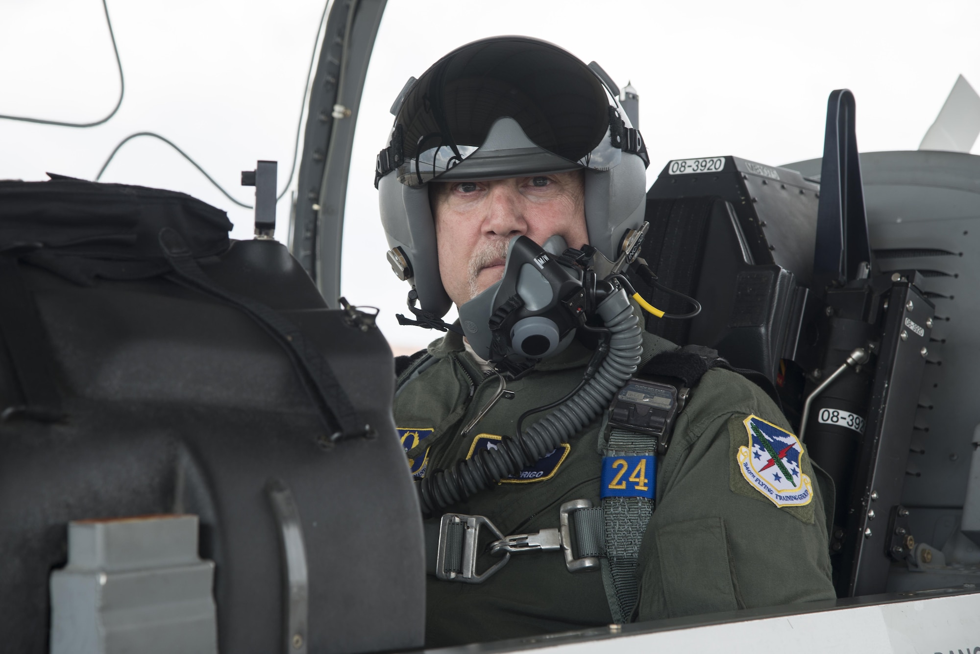 John Fedrico, deputy assistant Secretary of the Air Force for Reserve Affairs and Airman Readiness sits in a T-6 cockpit prior to take off on an orientation flight during a visit to Joint Base San Antonio-Randolph, Texas on Feb. 13. Fedrico’s visit, hosted by the 340 FTG, served a dual purpose. Fedrico presented a letter of thanks to one of the unit’s own, retired Air Force Lt. Col. Todd Ernst, for his efforts to help ensure families of Reserve and Guard service members receive the same survivor benefits as active duty service members. Fedrico also received a mission brief and got to experience the unit’s operations first hand. (Air Force photo by Sean Worrell, Joint Base San Antonio-Randolph Public Affairs)