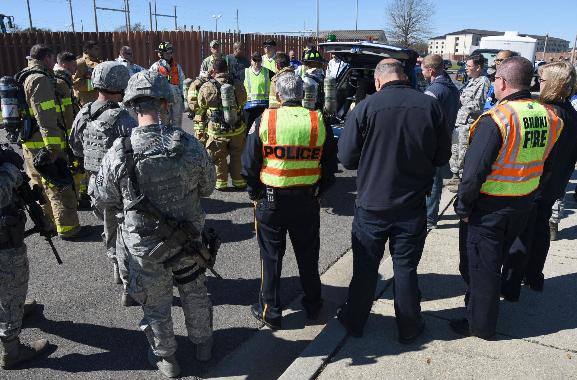 James Donnett, 81st Infrastructure Division fire chief, briefs the incident action plan during a train derailment exercise Feb. 16, 2017, on Keesler Air Force Base, Miss. The exercise scenario simulated a train and vehicle collision, which resulted in a derailment and chemical spill, creating a mass casualty and HAZMAT response event. This exercise tested base and local civilian emergency response organizations’ ability to operate in a multi-agency and multi-jurisdiction crisis situation. (U.S. Air Force photo by Kemberly Groue)