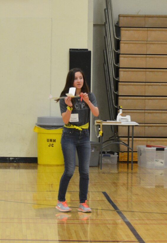 ALBUQUERQUE, N.M. – Cottonwood Classical Prep School student Liza Cardinale prepares to launch her plane during the Wright Stuff event at the 2017 Central New Mexico Science Olympiad, Jan. 28.