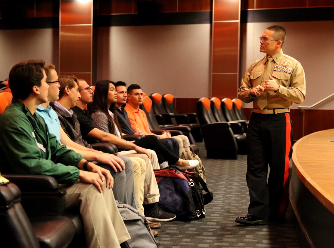 U.S. Marine Corps Director of Intelligence, Brig. Gen. William H. Seely III, speaks to Oklahoma State University Officer Candidates at Oklahoma State University, Feb 15. Seely spoke to the candidates about what it is like being a Marine and a leader. 