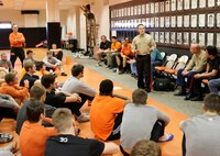 U.S. Marine Corps Director of Intelligence, Brig. Gen. William H. Seely III, speaks to the wrestling team near Gallagher-Iba Arena, Feb. 15. Seely, an OSU alumni, visited the NCAA Division I number one ranked Cowboys to motivate and inspire them before their National Wrestling Coaches Association National Duals Final, Feb. 19, against number two ranked Pennsylvania State University.