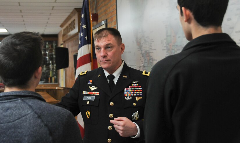 Maj. Gen. Troy D. Kok, commanding general of the U.S. Army Reserve’s 99th Regional Support Command, left, engages with students following his induction into the Allentown High School Hall of Fame Feb. 17 during a ceremony at the school. Kok’s command is headquartered at Joint Base McGuire-Dix-Lakehurst and his area of responsibility includes 44,000 Army Reserve Soldiers throughout the 13 northeastern states.