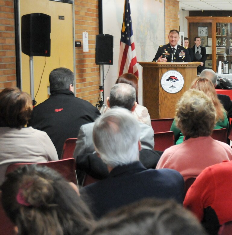 Maj. Gen. Troy D. Kok, commanding general of the U.S. Army Reserve’s 99th Regional Support Command, left, is inducted into the Allentown High School Hall of Fame Feb. 17 during a ceremony at the school. Kok’s command is headquartered at Joint Base McGuire-Dix-Lakehurst and his area of responsibility includes 44,000 Army Reserve Soldiers throughout the 13 northeastern states.