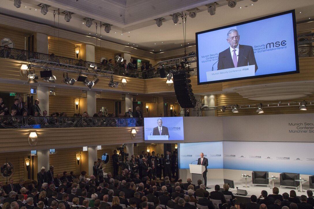 Secretary of Defense Jim Mattis speaks at the Munich Security Conference in Germany, Feb. 17, 2017. DoD photo by Air Force Tech. Sgt. Brigitte N. Brantley