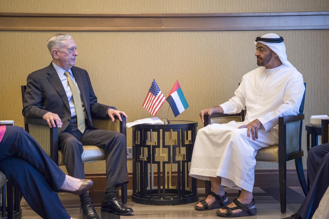 Defense Secretary Jim Mattis meets with the United Arab Emirates' Crown Prince Mohammed bin Zayed bin Sultan Al Nahyan in Abu Dhabi, United Arab Emirates, Feb. 18, 2017. DOD photo by Air Force Tech. Sgt. Brigitte N. Brantley