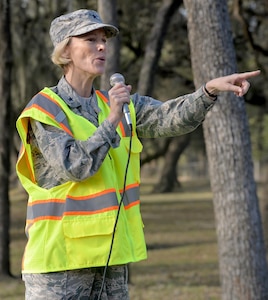 Brig. Gen. Heather Pringle, 502nd Air Base Wing and Joint Base San Antonio commander, gives words of encouragement to the hundreds of volunteers gathered before the 2017 Basura Bash at Joint Base San Antonio-Fort Sam Houston Saturday, Feb. 18.