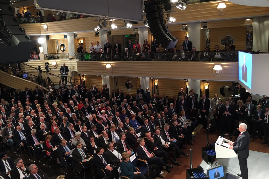 Vice President Mike Pence addresses the Munich Security Conference, Feb. 18, 2017. White House photo.
