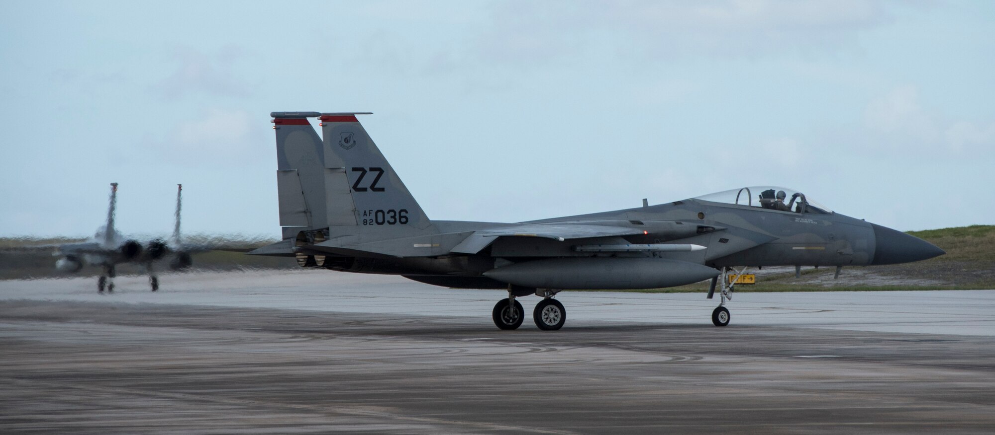 U.S. Air Force F-15 Eagles from the 67th Fighter Squadron taxi down the flightline Feb. 20, 2017, at Andersen Air Force Base, Guam. The aircraft temporarily relocated to Guam to train and conduct simulated combat scenarios with regional allies and partners.  Cope North is an annual exercise which serves as a keystone event to promote stability and security throughout the Indo-Asia Pacific by enabling regional forces to hone vital readiness skills. (U.S. Air Force photo by Senior Airman John Linzmeier/released)