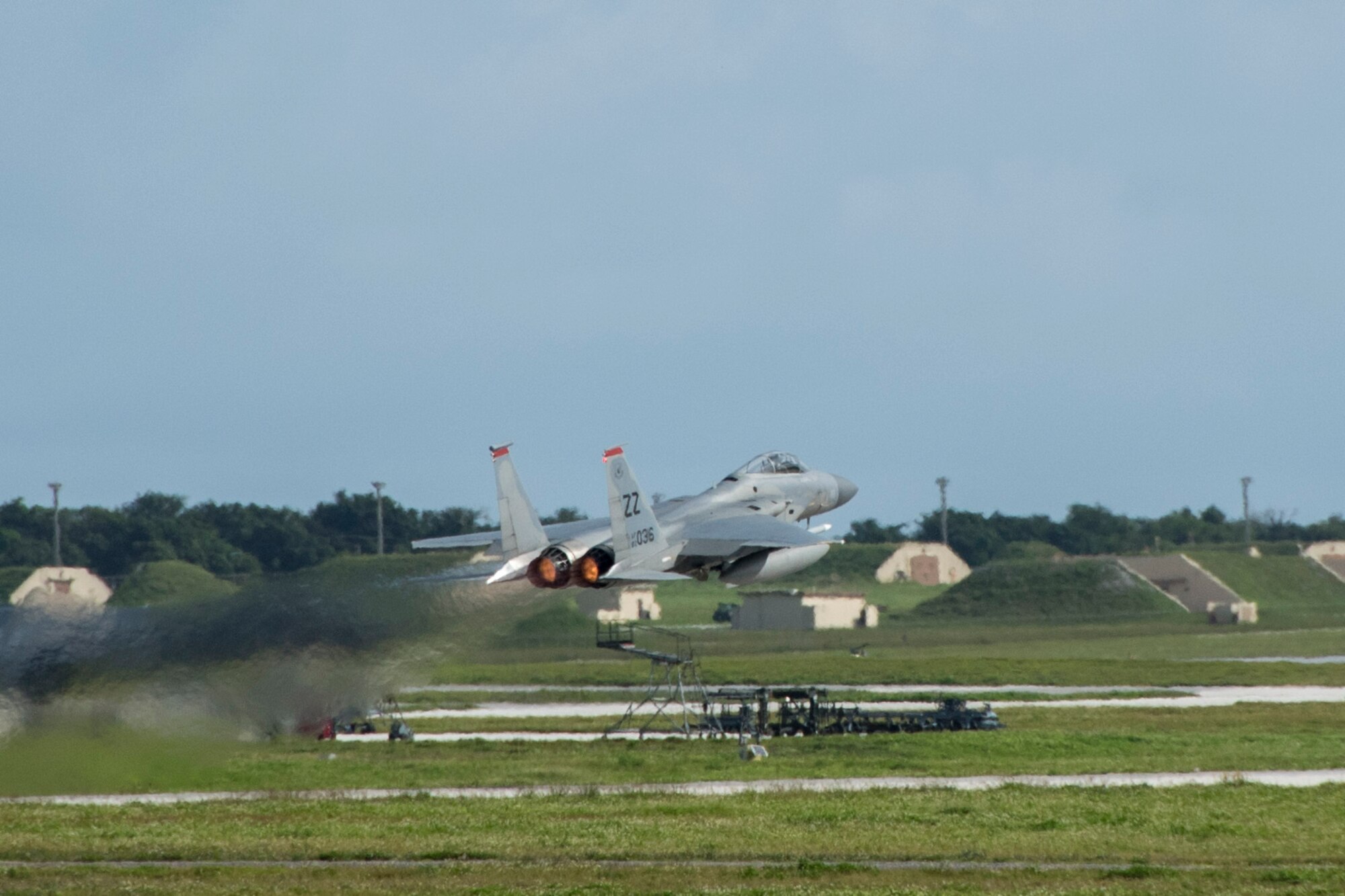 A U.S. Air Force F-15 Eagle from the 67th Fighter Squadron takes off Feb. 20, 2017, at Andersen Air Force Base, Guam. The 67th FS, from Kadena Air Base, Japan, is conducting an array of flight operations with other units from U.S. Pacific Air Forces, along with the U.S. Navy and Japan and Australian air forces. The annual exercise provides opportunities for allied units to develop combat capabilities, enhance air superiority, electronic warfare, air interdiction, tactical airlift and aerial refueling. (U.S. Air Force photo by Senior Airman John Linzmeier/released)