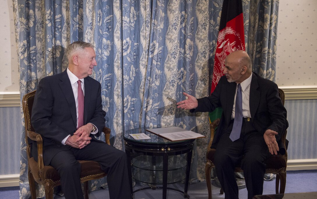 Secretary of Defense Jim Mattis meets with Afghan President Ashraf Ghani in Munich, Germany, Feb. 17, 2017. DoD photo by Air Force Tech. Sgt. Brigitte N. Brantley