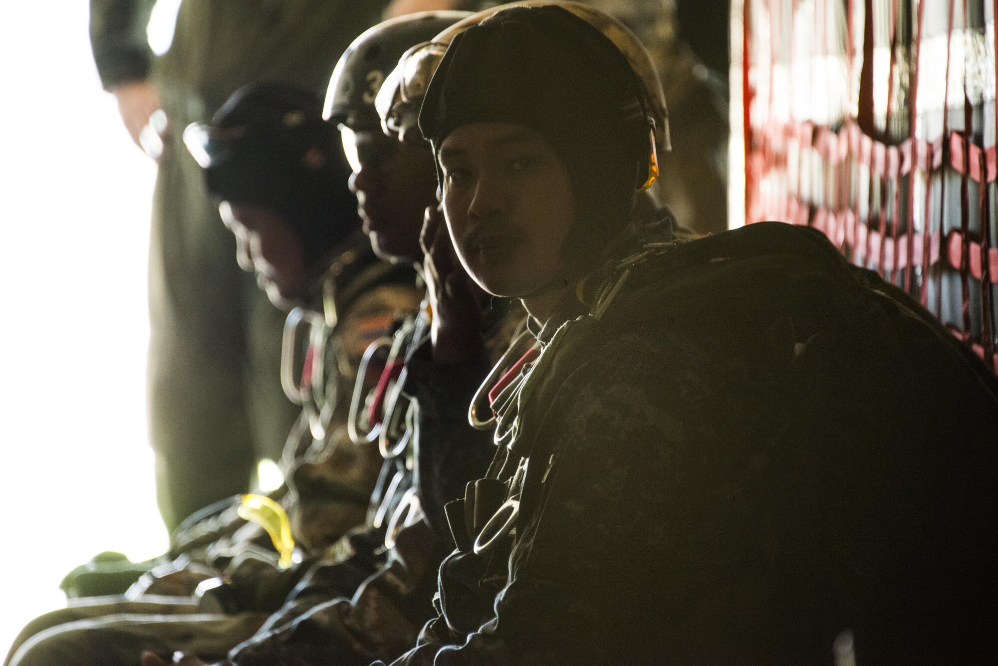 Royal Thai Air Force Special Operations Regiment combat controllers and pararescuemen sit in the back of a U.S. Air Force MC-130J Commando II assigned to the 17th Special Operations Squadron, Feb. 14, 2017 at Korat Air Base. Throughout Cobra Gold 2017, the 17th SOS provided specialized aviation to members of the 320th Special Tactics Squadron and RTAF SOR in support of jump operations. (U.S. Air Force photo by Capt. Jessica Tait)