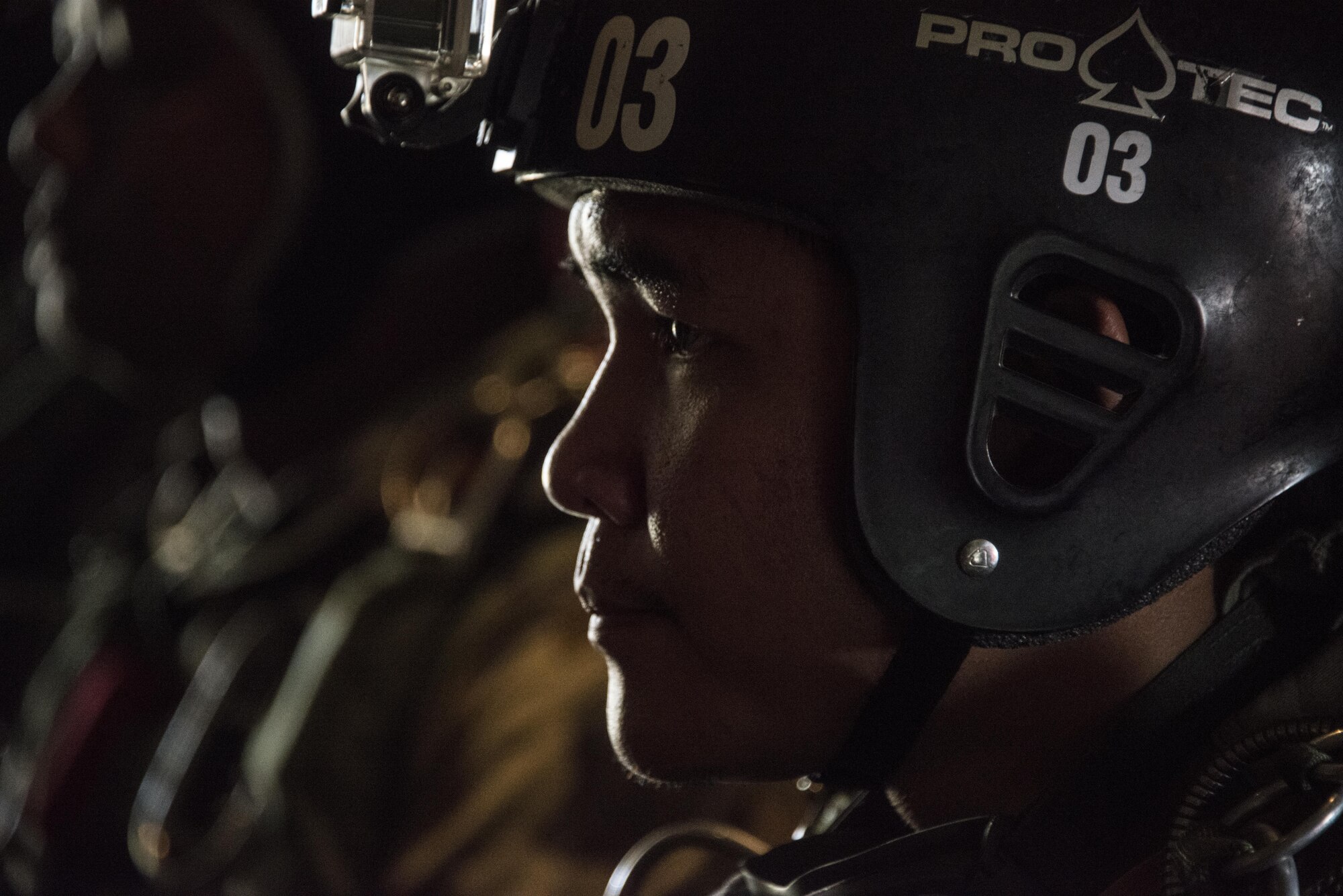 Royal Thai Air Force Special Operations Regiment combat controllers and pararescuemen sit in the back of a U.S. Air Force MC-130J Commando II assigned to the 17th Special Operations Squadron, Feb. 14, 2017 at Korat Air Base. Throughout Cobra Gold 2017, the 17th SOS provided specialized aviation to members of the 320th Special Tactics Squadron and RTAF SOR in support of jump operations. (U.S. Air Force photo by Capt. Jessica Tait)