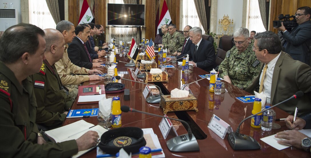 Secretary of Defense Jim Mattis meets with Iraqi Minister of Defense Arfan al-Hayali at the Ministry of Defense in Baghdad, Iraq, Feb. 20, 2017. (DOD photo by U.S. Air Force Tech. Sgt. Brigitte N. Brantley)