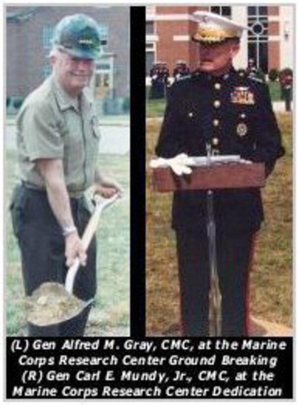 Gen. Alfred M. Gray, then-Commandant of the Marine Corps, breaks ground on the Gray Research Center, which was named afer him. Gen. Carl E. Mundy, then Commandant of the Marines Corps when the building was dedicated, speaks at the dedication ceremony.