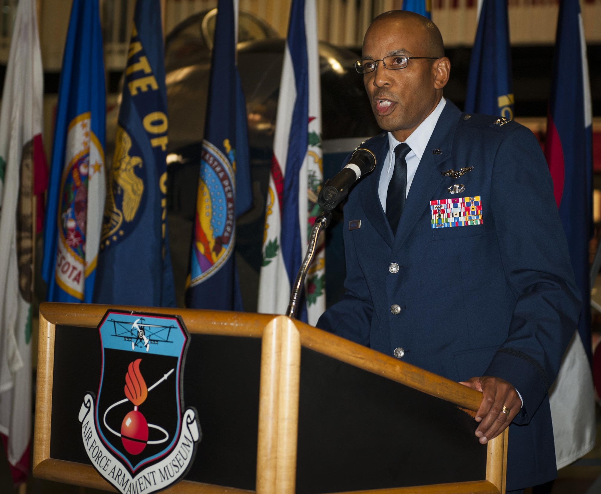 Col. Terrence Mitchell, 96th Medical Group’s medical chief of staff, is the guest speaker at the Black History Month celebration at the Air Force Armament Museum Feb. 15 at Eglin Air Force Base, Fla.  The physician encouraged the audience to become part of the solution to this year’s theme, “The Crisis in Black Education.”  (U.S. Air Force photo/Kevin Gaddie)