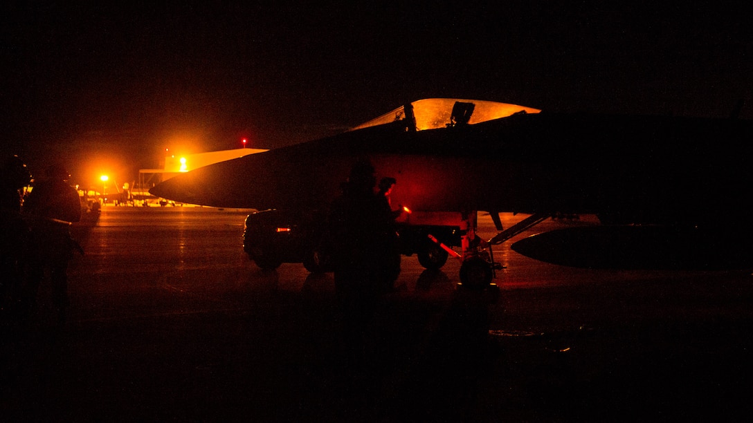 Marines with Marine Fighter Attack Squadron (VMFA) 323 “Death Rattlers” inspect an F/A-18C Hornet at Naval Air Station Fallon, Nev., Feb. 15. The Death Rattlers, one of two Marine Hornet squadrons to deploy aboard Navy aircraft carriers, trained at NAS Fallon to strengthen tactical air integration, fulfill predeployment requirements and build rapport with the Navy squadrons they will deploy with in summer 2017. (U.S. Marine Corps photo by Sgt. Lillian Stephens/Released)