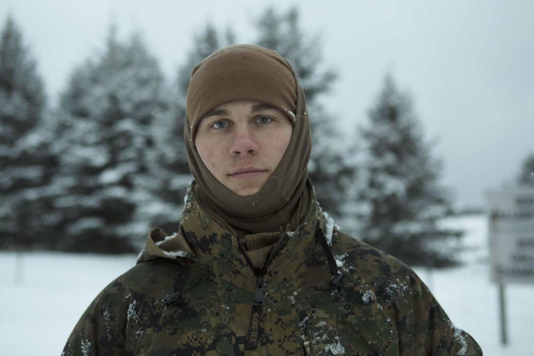 Lance Cpl. Scott Kesler poses for a photo during exercise Riley Xanten in Ontario, Canada, Feb. 6, 2017. Marine Corps photo by Sgt. Sara Graham