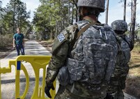 Airmen from the 822d Base Defense Squadron simulate questioning a resident of a neighboring town during a Full Mission Profile exercise, Feb. 14, 2017, at Moody Air Force Base, Ga. The 822d BDS is completing training exercises that will gradually increase in difficulty each week to prepare for an upcoming Mission Readiness exercise. The FMP enhanced training by increasing the complications and dangers of scenarios that challenged Airmen on simulated patrols. The exercise also pushed leadership in the Tactical Operation Center to successfully guide the Airmen through the challenges. (U.S. Air Force photo by Airman 1st Class Janiqua P. Robinson)