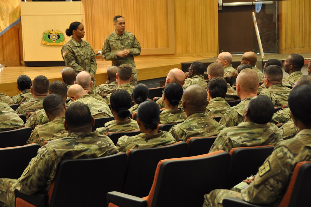 DLA senior enlisted leader Command Sgt. Major Charles Tobin (standing right) and Sgt. First Class Yadriana Kavitz from DLA’s Joint Logistics Operations Center present a DLA overview to senior enlisted soldiers from the Combined Arms Support Command in Fort Lee, Virginia, Feb. 16. 