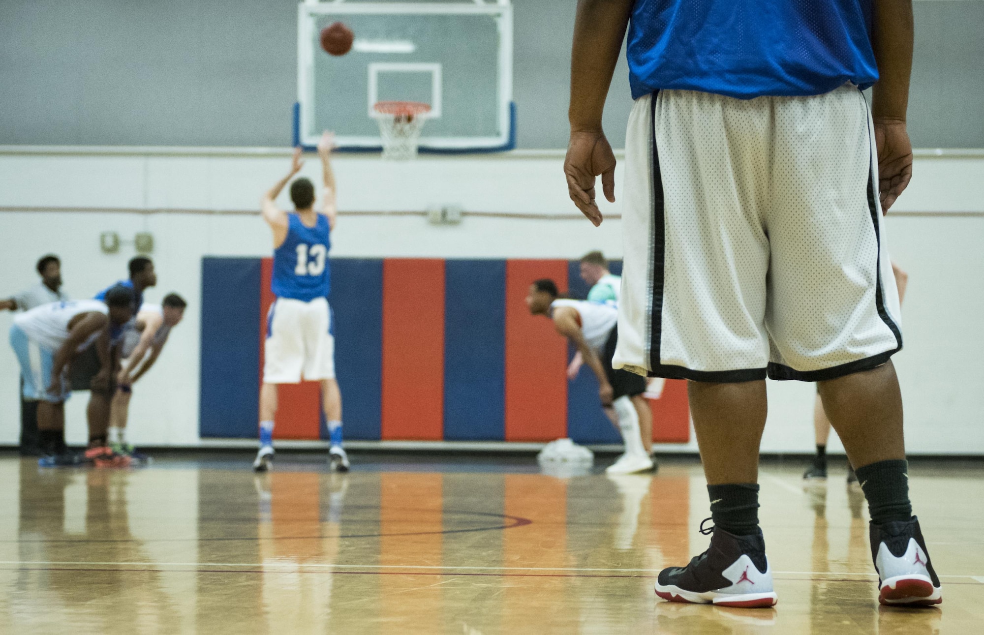 The Armament Directorate’s David Adler takes a foul shot during his team’s intramural game against the 33rd Maintenance Squadron Feb. 16 at Eglin Air Force Base, Fla.  The Directorate team trailed for most of the game before dominating the last third in route to a 67- 53 win.  (U.S. Air Force photo/Samuel King Jr.)