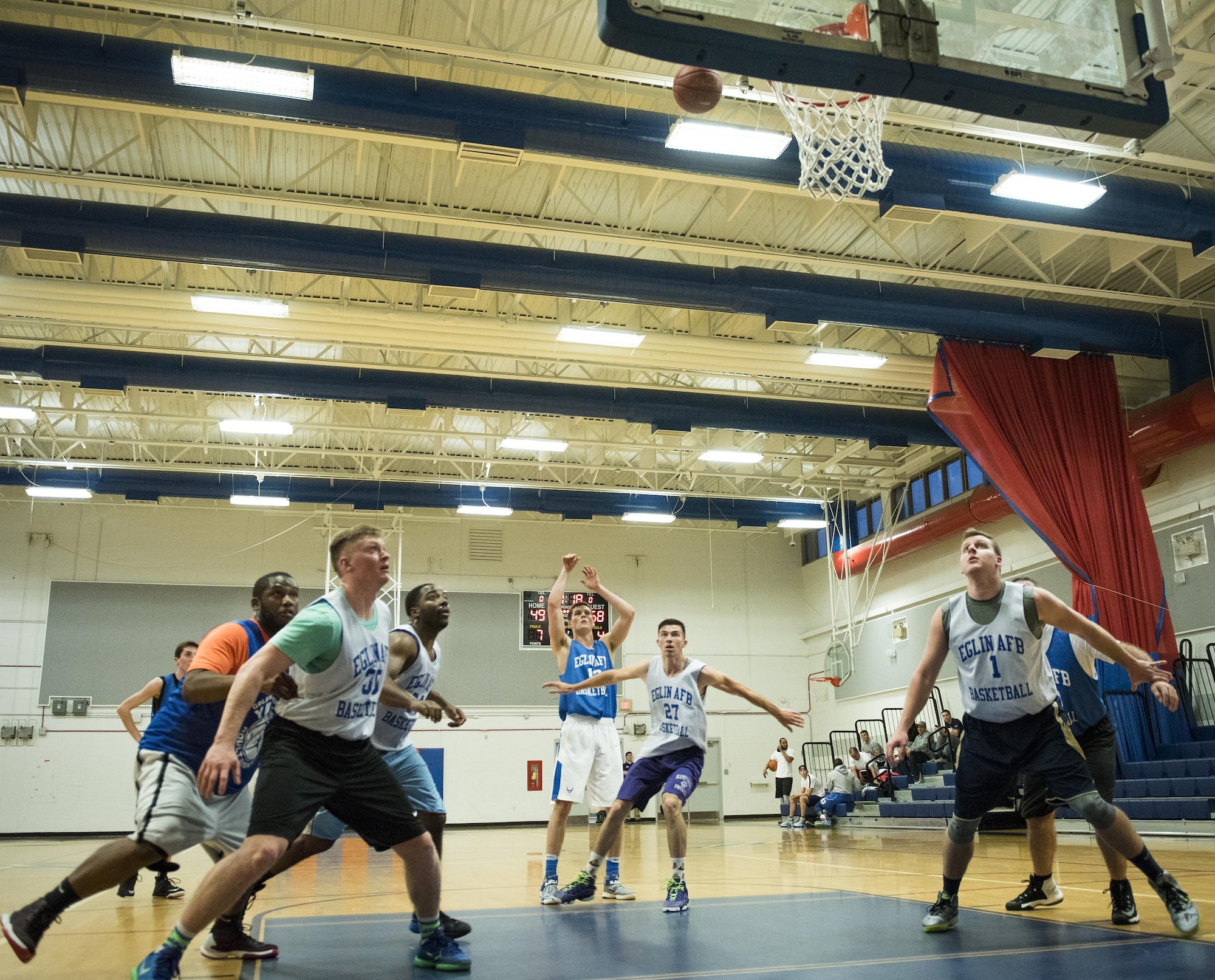 The Armament Directorate’s David Adler takes a foul shot during his team’s intramural game against the 33rd Maintenance Squadron Feb. 16 at Eglin Air Force Base, Fla.  The Directorate team trailed for most of the game before dominating the last third in route to a 67- 53 win.  (U.S. Air Force photo/Samuel King Jr.)