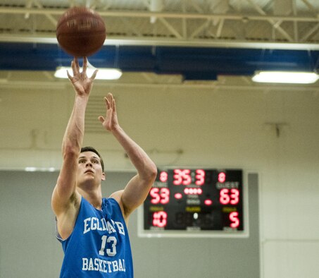 The Armament Directorate’s David Adler takes a foul shot during his team’s intramural game against the 33rd Maintenance Squadron Feb. 16 at Eglin Air Force Base, Fla.  The Directorate team trailed for most of the game before dominating the last third in route to a 67- 53 win.  (U.S. Air Force photo/Samuel King Jr.)