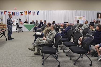 U.S. Navy CAPT Robert Hudson, Joint Base Charleston deputy commander, welcomes members of Team Charleston to Diversity Day at the JB Charleston Education Center Auditorium Feb. 17, 2017, at Joint Base Charleston, South Carolina. The JB Charleston Multicultural Committee hosted Diversity Day to bring awareness to cultural differences within the Air Force.