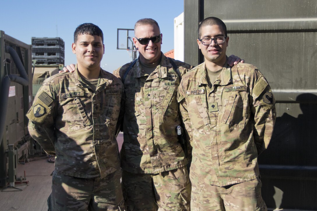 Brig. Gen. Robert D. Harter, deputy commanding general of the 1st Sustainment Command (Theater) / commanding general of the 316th Sustainment Command (Expeditionary), (center), poses with Spc. Brian Ramirez, (left), and Spc. Jose Perez, (right), both mortuary affairs specialists with the 246th Quartermaster Company (Mortuary Affairs), an U.S. Army Reserve unit based out of Mayaguez, Puerto Rico, in Erbil, Iraq on February 3, 2017. 