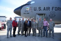 Members of the 940th Air Refueling Wing and local community pose for a picture at the nose art dedication ceremony Dec. 3, 2016 at Beale Air Force Base, California. The 940th ARW dedicated it's first KC-135 nose art reveal to the Yuba-Sutter community as a token of appreciation for the support over the years. (U.S. Air Force photo by Staff Sgt. Brenda Davis)