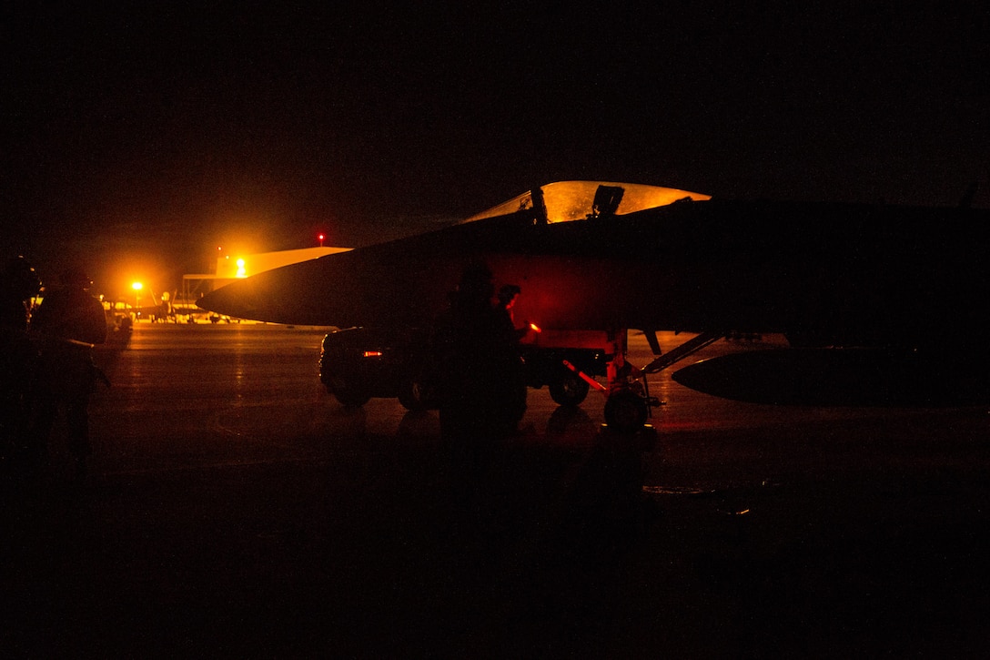 Marines with Marine Fighter Attack Squadron (VMFA) 323 “Death Rattlers” inspect an F/A-18C Hornet at Naval Air Station Fallon, Nev., Feb. 15. The Death Rattlers, one of two Marine Hornet squadrons to deploy aboard Navy aircraft carriers, trained at NAS Fallon to strengthen tactical air integration, fulfill predeployment requirements and build rapport with the Navy squadrons they will deploy with in summer 2017. (U.S. Marine Corps photo by Sgt. Lillian Stephens/Released)